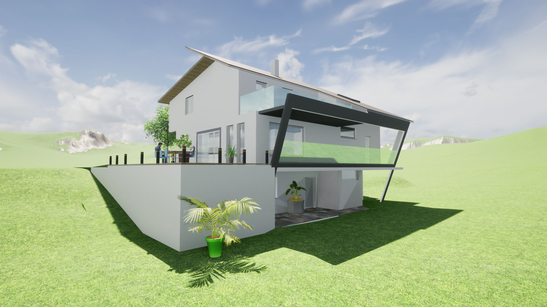 Grafische Darstellung eines weißen Einfamilienhauses mit Pflanzen und einem Pultdach
