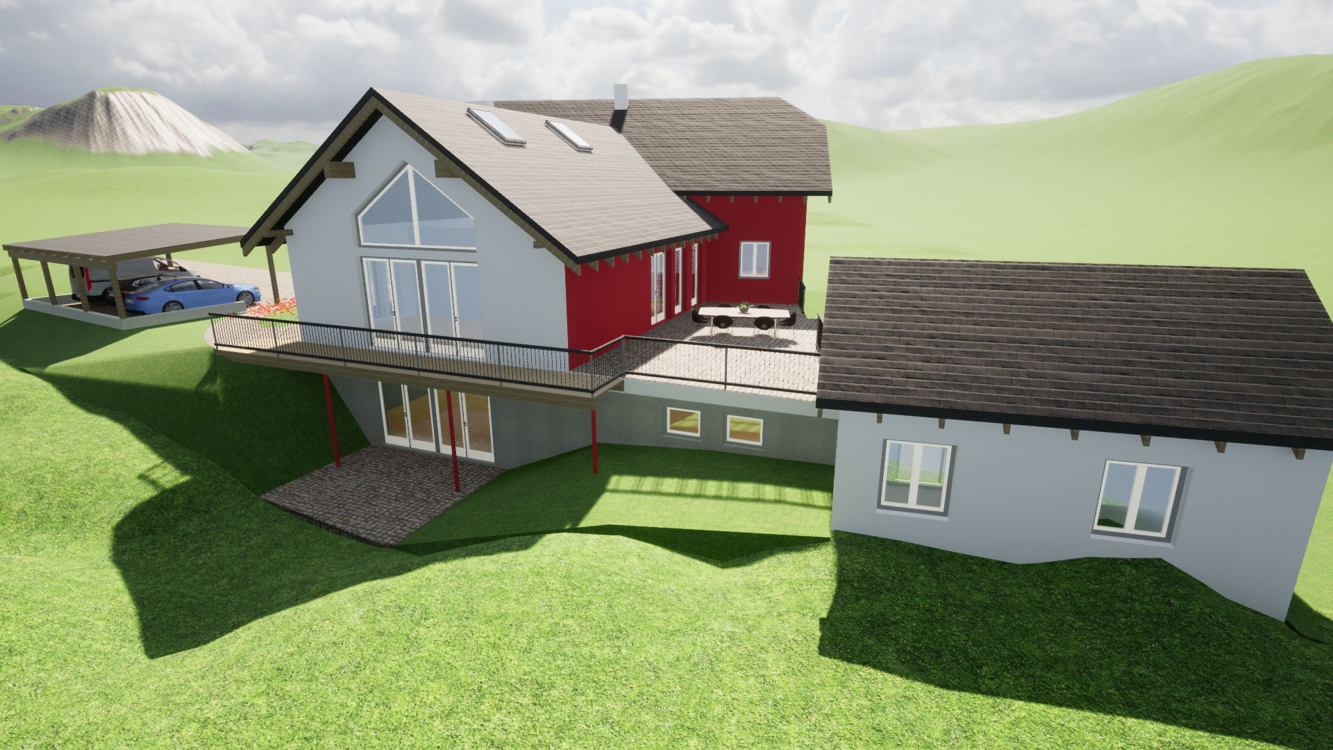 Grafische Darstellung eines weißen, roten Einfamilienhauses mit Satteldach von der Rückseite