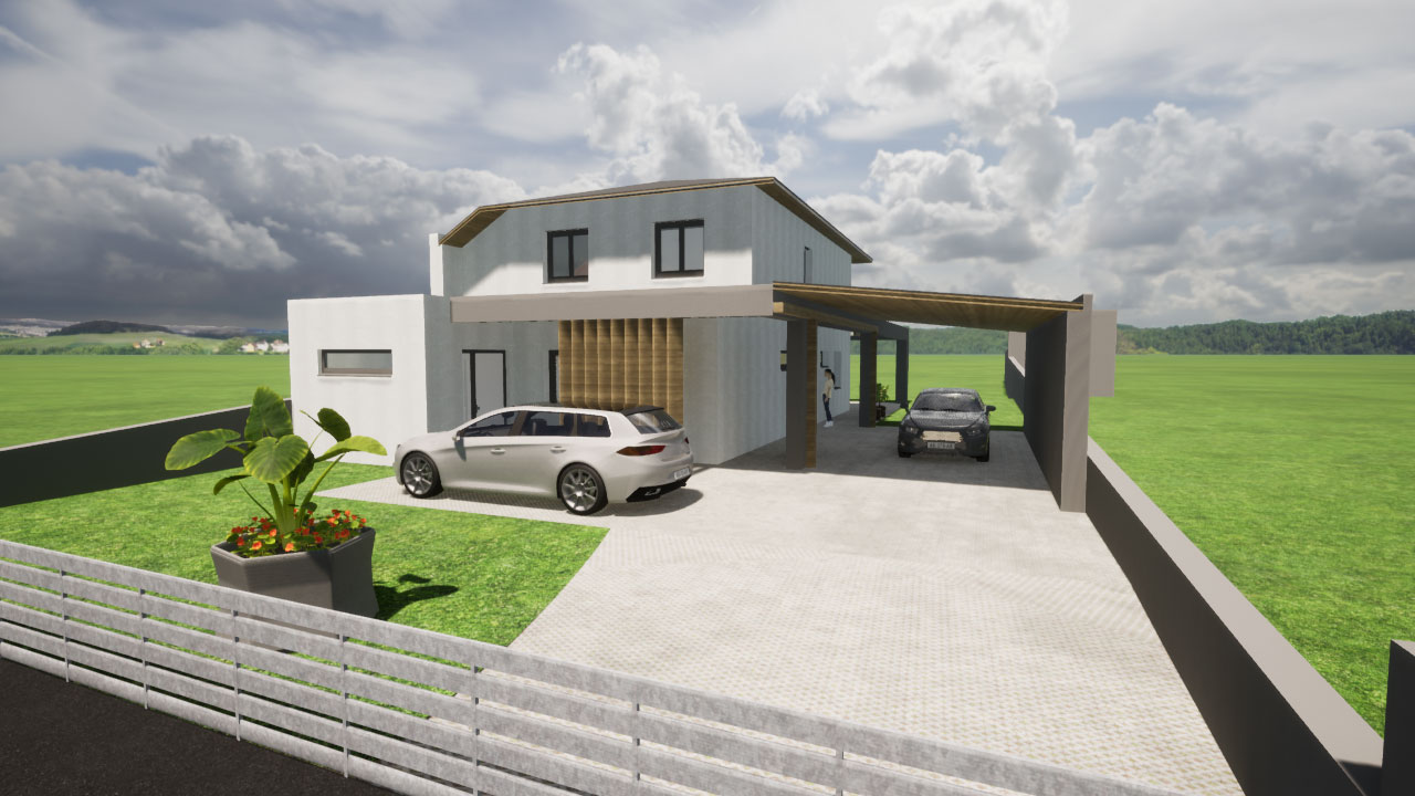 Grafische Darstellung eines weißen Einfamilienhauses mit Walmdach mit Auto in der Einfahrt