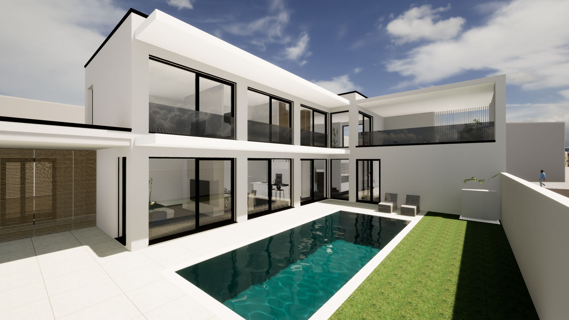 Grafische Darstellung einer weißen Villa mit Pool